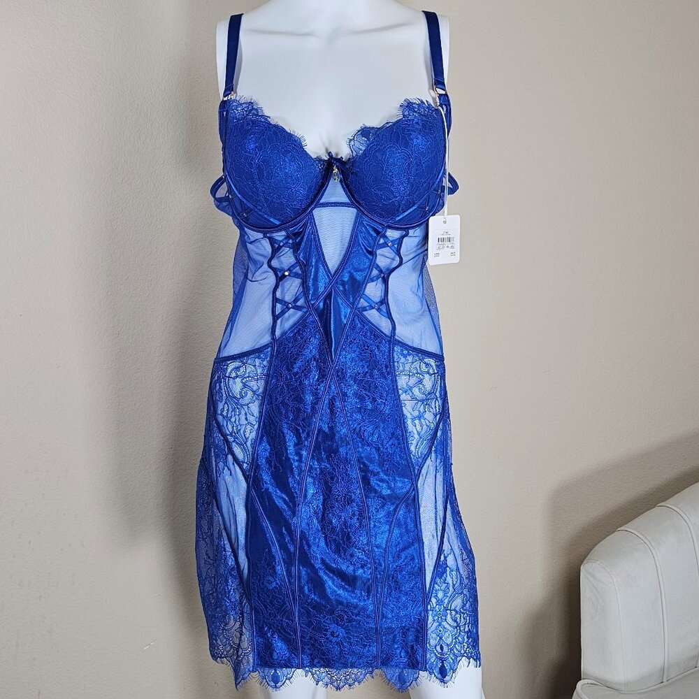 Honey Birdette Elsie Cobalt Blue Lace Satin Dress Size 38D